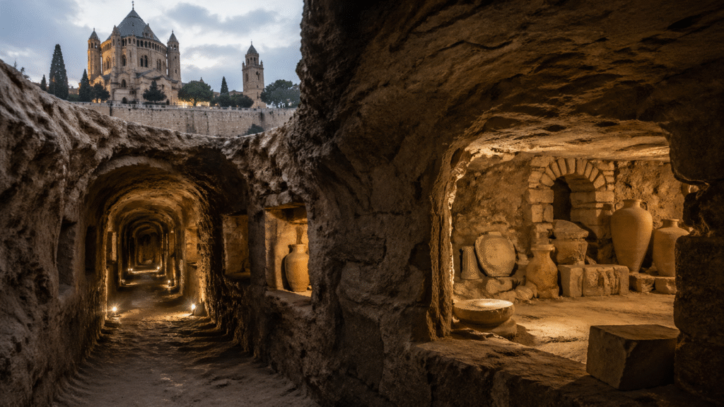 Underground stone tunnel with carved chambers and ancient pottery artifacts beneath a historic church complex on Mount Zion in Jerusalem