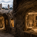 Underground stone tunnel with carved chambers and ancient pottery artifacts beneath a historic church complex on Mount Zion in Jerusalem