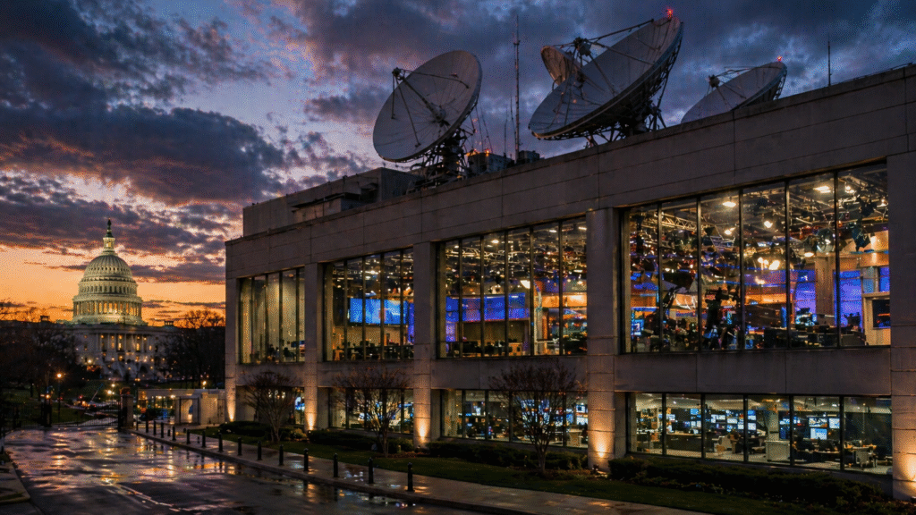Television broadcast building with satellite dishes on the roof and lit studio interiors at dusk, with a government building visible in the background