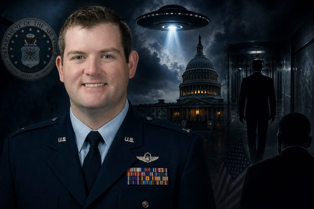 U.S. Air Force officer in uniform with short brown hair standing in the foreground, with the U.S. Capitol building at night, a hovering UFO emitting light above it, and shadowy figures in a dark corridor in the background.
