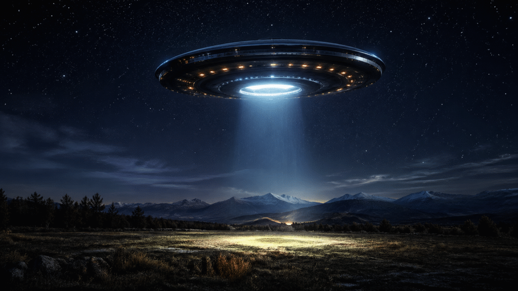 Glowing disc-shaped UFO hovering over a dark rural landscape at night, casting a bright beam of light onto the ground with mountains and a star-filled sky in the background