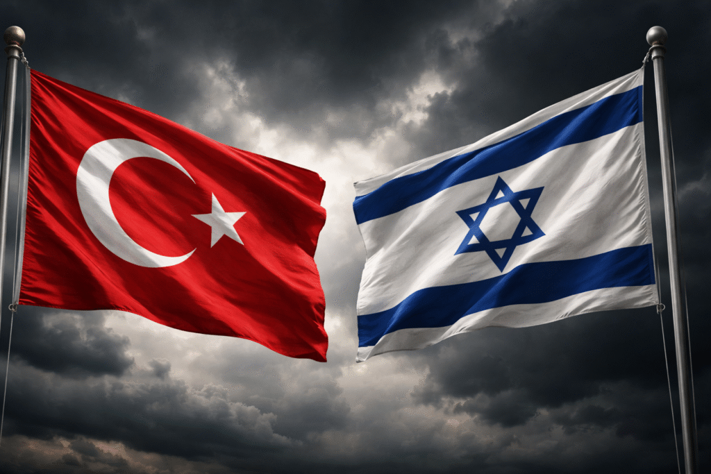 The flags of Turkey and Israel face each other against a dark, stormy sky, both waving on flagpoles with dramatic lighting emphasizing tension between the two nations.