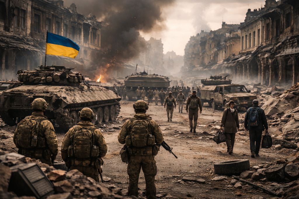 War-damaged Ukrainian city street with armored military vehicles, soldiers, and civilians walking through rubble as smoke rises from damaged buildings