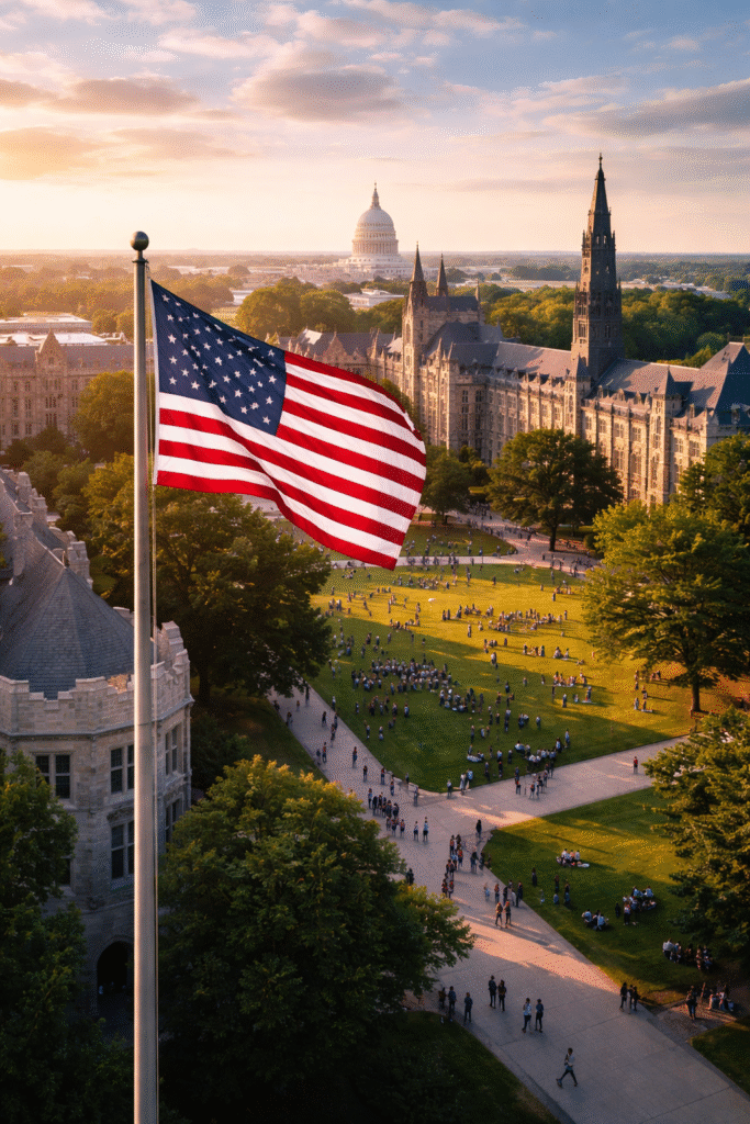 American flag overlooking a large university campus with historic buildings and students gathered on a central lawn, with the U.S. Capitol visible in the background at sunset