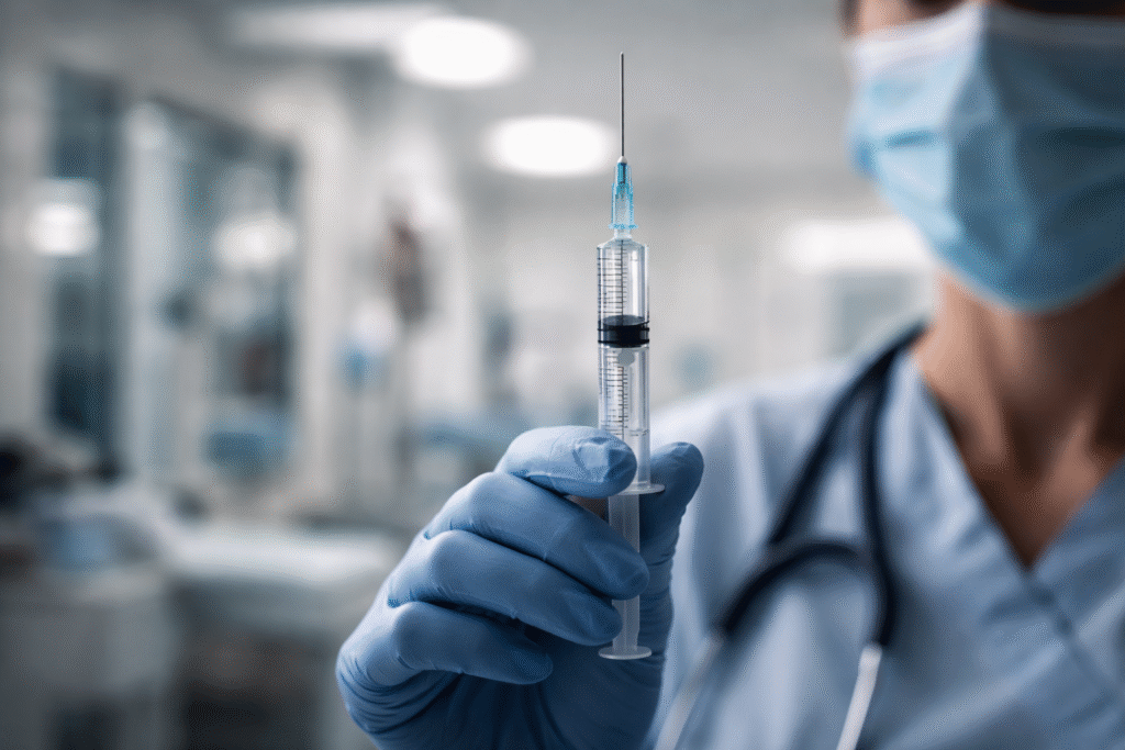 Healthcare worker wearing gloves and a mask holding a syringe in a clinical setting, with blurred hospital equipment in the background.