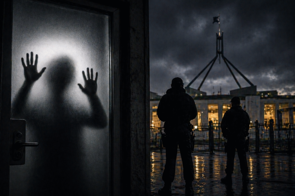 Silhouetted person behind frosted glass with hands pressed against the surface while armed officers stand outside a government building at night