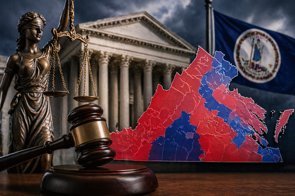 Judge’s gavel and Lady Justice statue in front of a courthouse, with a red and blue Virginia district map and state flag under a stormy sky