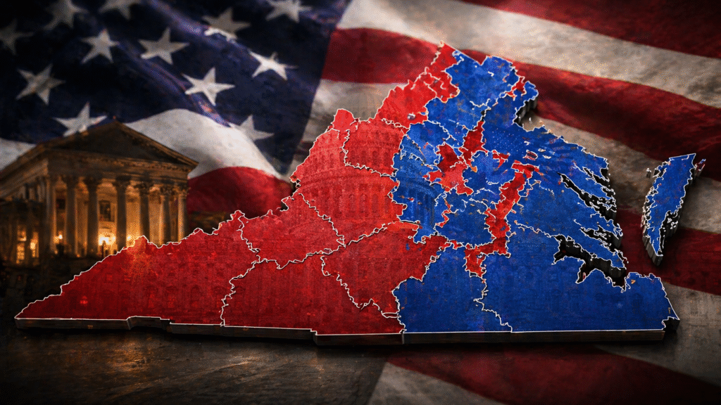 Stylized map of Virginia divided into red and blue districts over an American flag background, representing political redistricting and electoral division