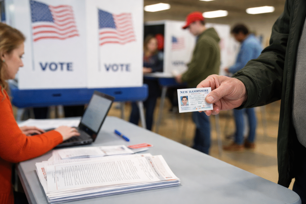 Voter presenting a government-issued identification card to a poll worker at a check-in table inside a polling station, with voting booths and other voters in the background.