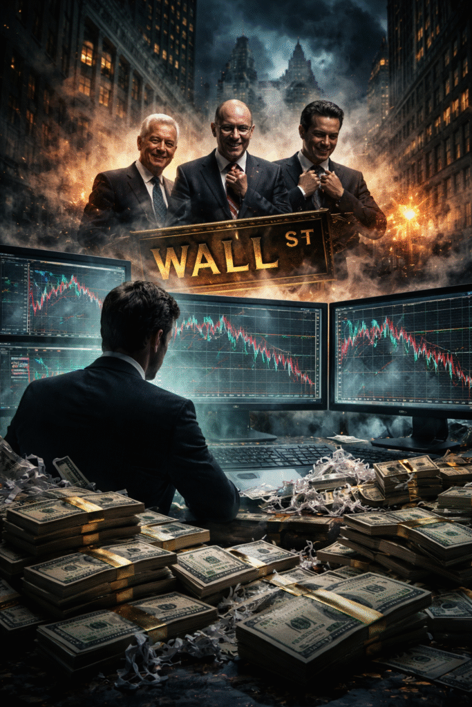 Businessman at trading desk watching falling stock charts on multiple monitors, surrounded by stacks of cash, while three suited financiers stand behind a Wall Street sign amid a chaotic city backdrop.