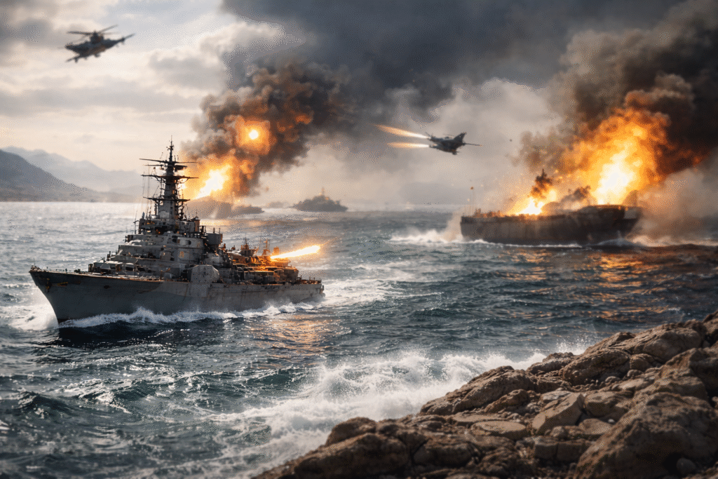 Naval warships engage in combat in the Strait of Hormuz as explosions erupt from a burning tanker and fighter jets fly overhead during a maritime conflict scene