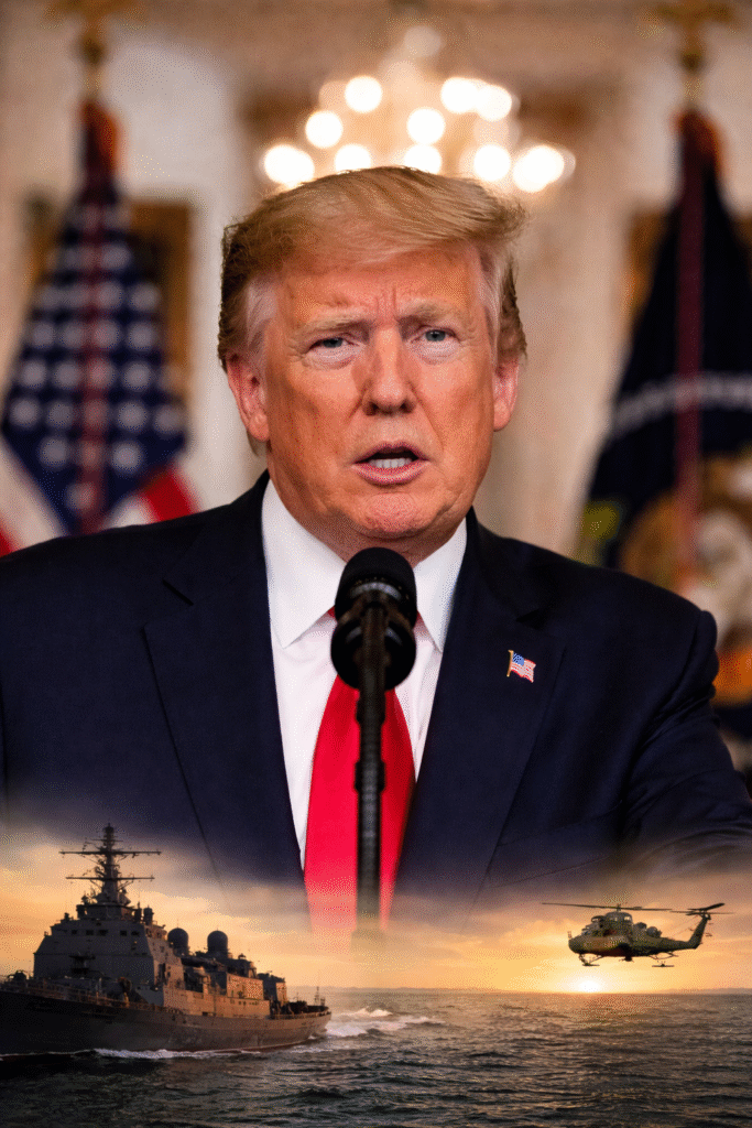 President Donald Trump delivering a formal address at a White House podium, with a naval warship and military helicopter over the ocean at sunset in the background