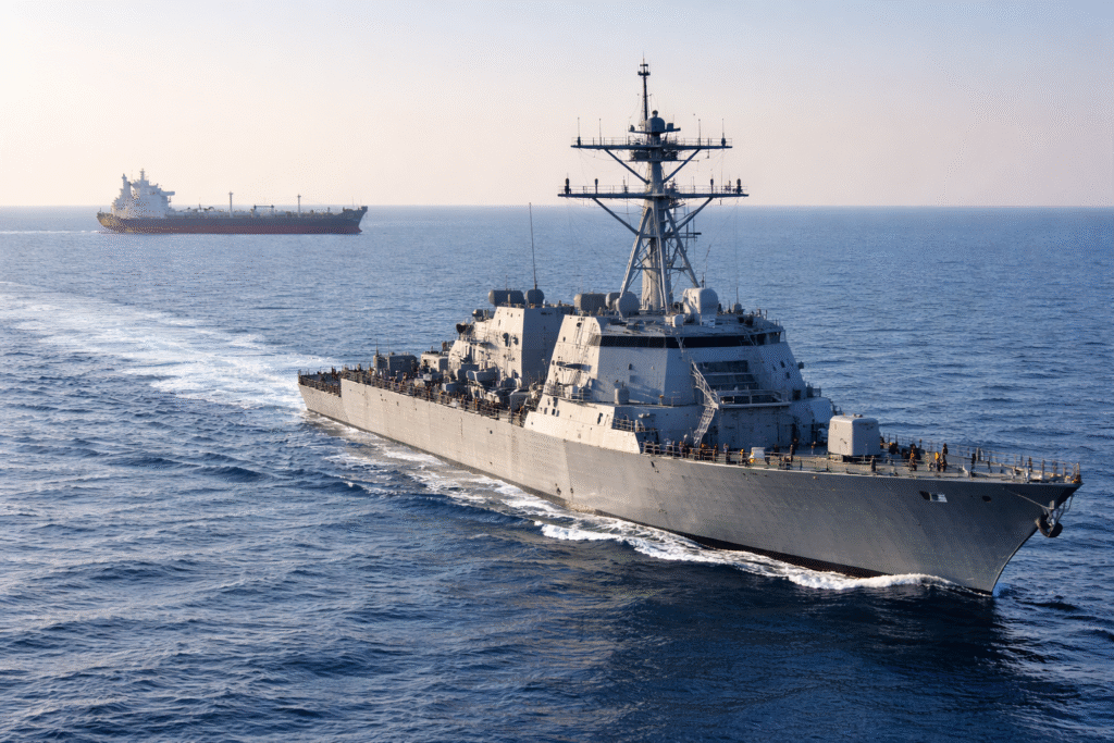 Naval warship sailing near an oil tanker at sea, representing enforcement of a maritime blockade