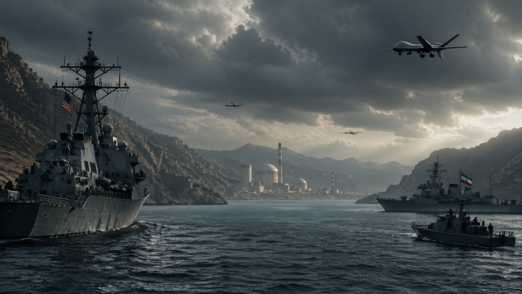 Naval warships positioned in a narrow strait under dark storm clouds, with drones overhead and a distant industrial facility along a mountainous coastline, conveying geopolitical tension