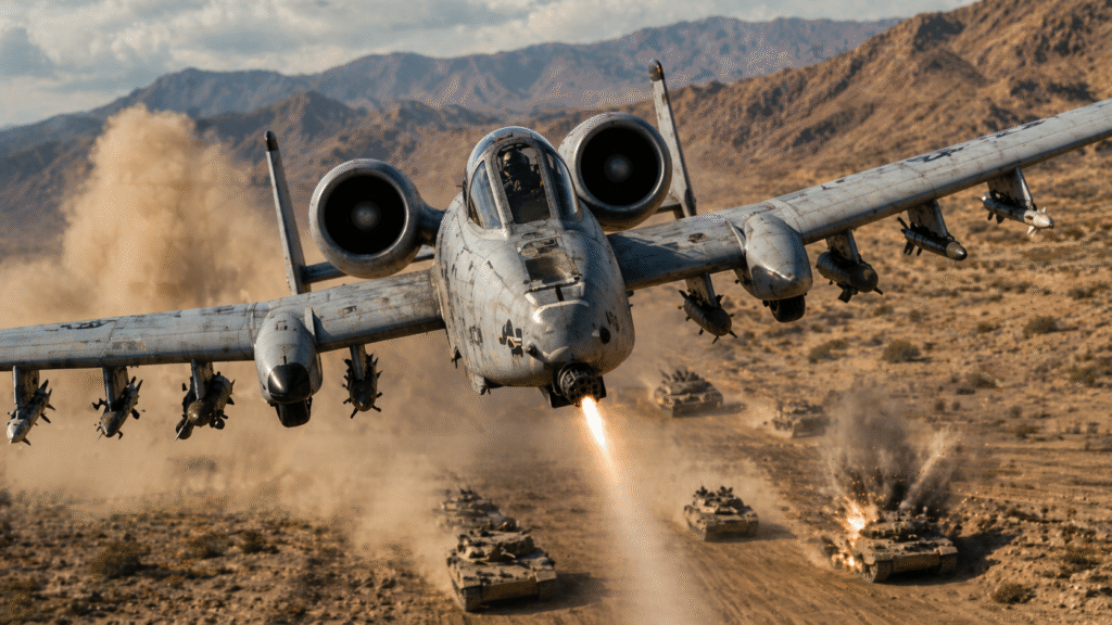 A-10 Warthog flying low over desert terrain while firing on armored vehicles, with dust clouds, explosions, and rugged mountains in the background
