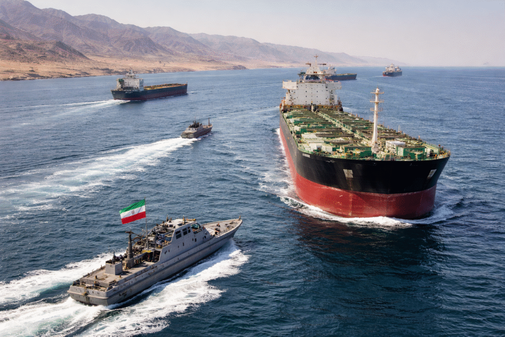 Aerial view of oil tankers navigating the Strait of Hormuz with a patrol boat nearby and a desert coastline in the background
