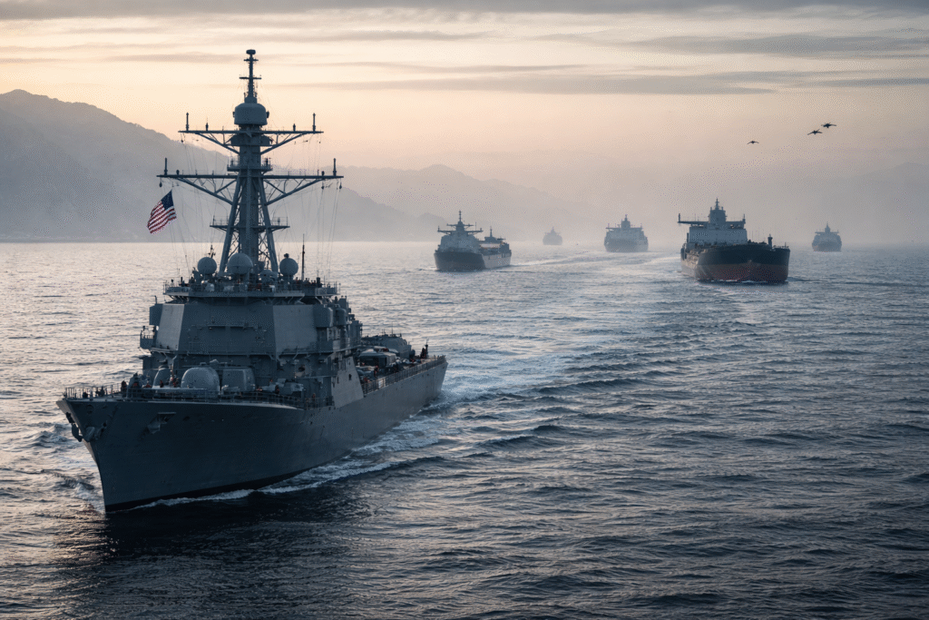 U.S. Navy warship leading a group of cargo and oil vessels through a narrow sea passage at sunrise, with mountainous coastline in the background.