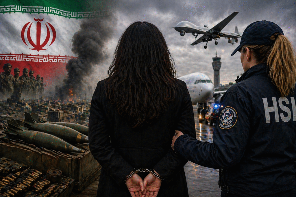 Woman seen from behind in handcuffs being escorted by an officer on an airport tarmac, with drones, weapons, and a war-torn city under a stormy sky, symbolizing international arms trafficking and arrest