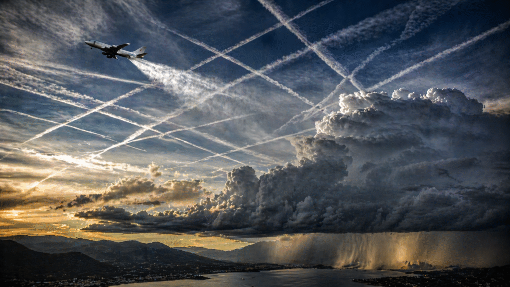 Airplane flying across a dramatic sky filled with crisscrossing vapor trails above towering storm clouds and rain falling over a coastal landscape.