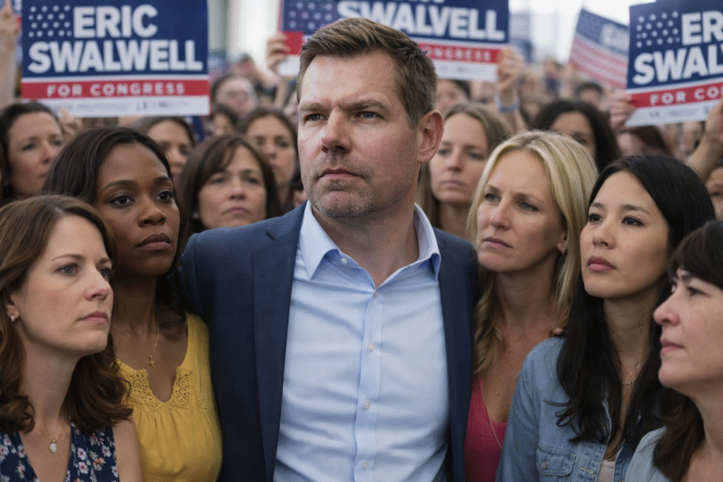 Serious-looking man resembling a political figure stands at a campaign event, surrounded by women with neutral expressions, with blurred crowd and campaign signs in the background under overcast lighting