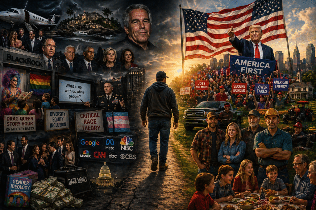 Split political scene showing a man walking between two paths: one side filled with elites, media, corporate influence, and cultural symbols, and the other side showing working-class families, American flags, and a large political rally representing populist support