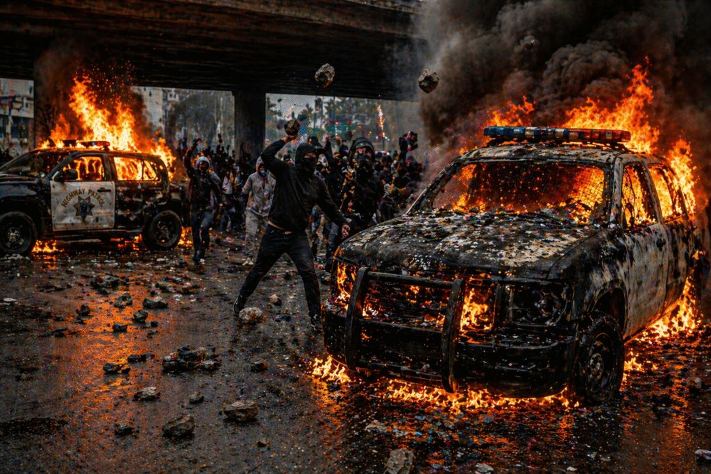 Burning police vehicles under an overpass during a violent riot, with masked individuals throwing objects amid flames, smoke, and scattered debris.
