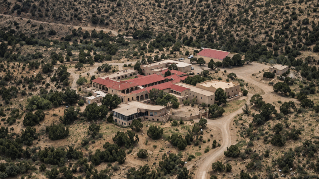 Aerial view of a secluded desert ranch compound with multiple buildings, dirt roads, and sparse vegetation in a remote New Mexico landscape