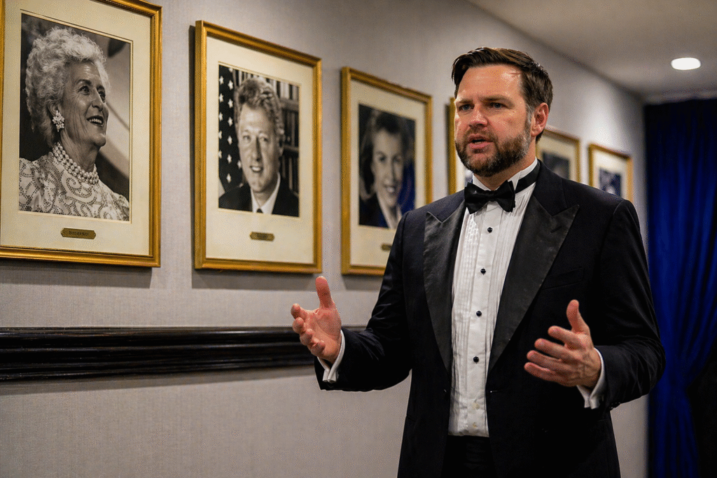 Man in a black tuxedo gesturing while speaking in a formal hallway lined with framed black-and-white portraits.