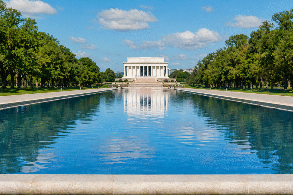 Restored Lincoln Memorial Reflecting Pool with clear blue water and clean surroundings in Washington, DC under daylight.