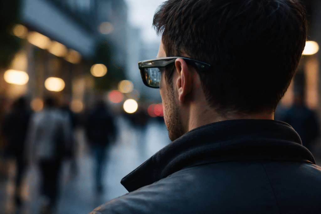 Person viewed from behind wearing smart glasses in a city setting, symbolizing facial recognition and privacy concerns.