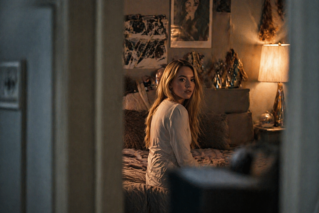 Dimly lit bedroom scene viewed through a doorway, showing a blonde woman sitting on a bed with soft warm lighting, creating a moody and cinematic atmosphere.