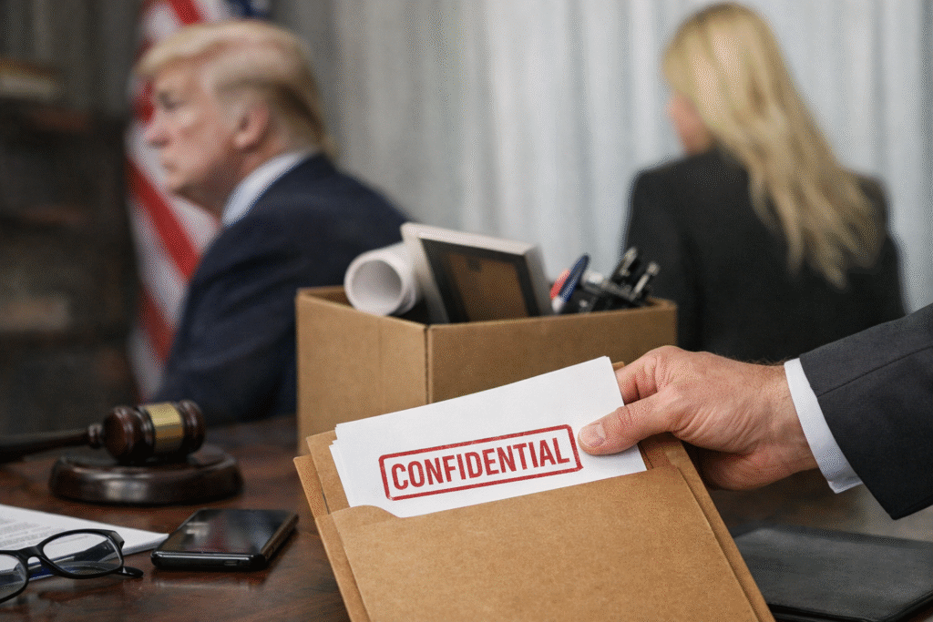 Close-up of a confidential folder being held in an office setting with blurred political figures in the background, symbolizing a high-level dismissal decision.