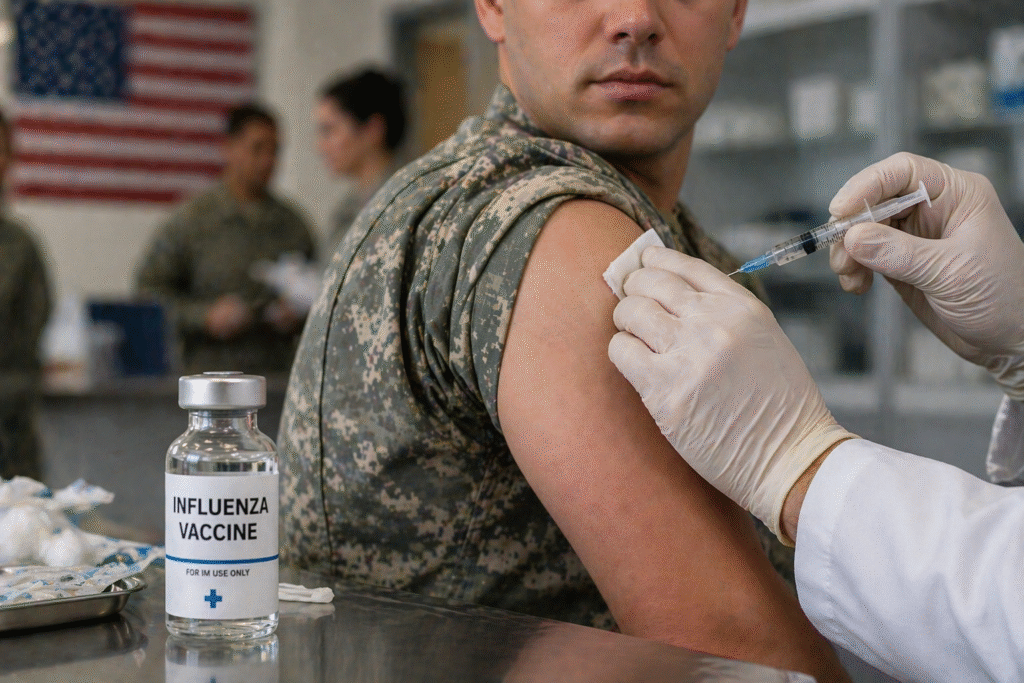 Service member in military uniform receiving a vaccine injection in a clinical setting, representing policy changes in military vaccination requirements.