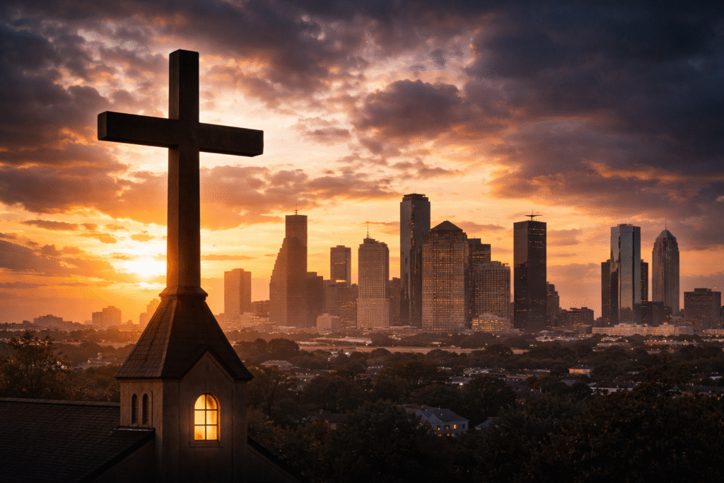 A church cross silhouetted against a sunset sky with a city skyline in the background, symbolizing the Good Friday observance and public controversy.