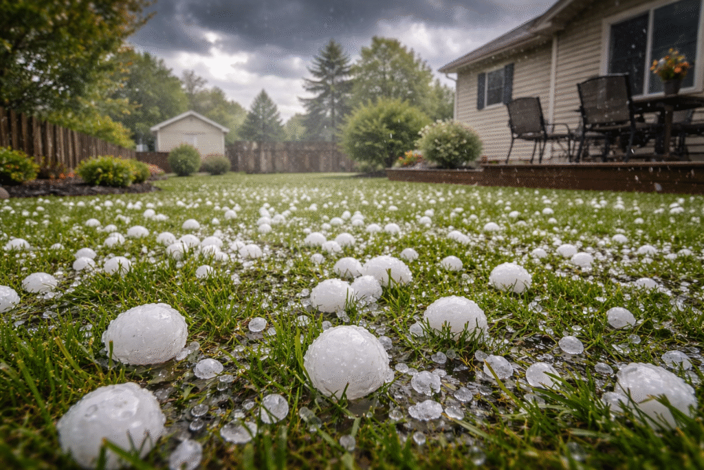 Large hailstones scattered across a suburban lawn during an overcast spring storm, with dark clouds overhead and signs of recent rainfall.
