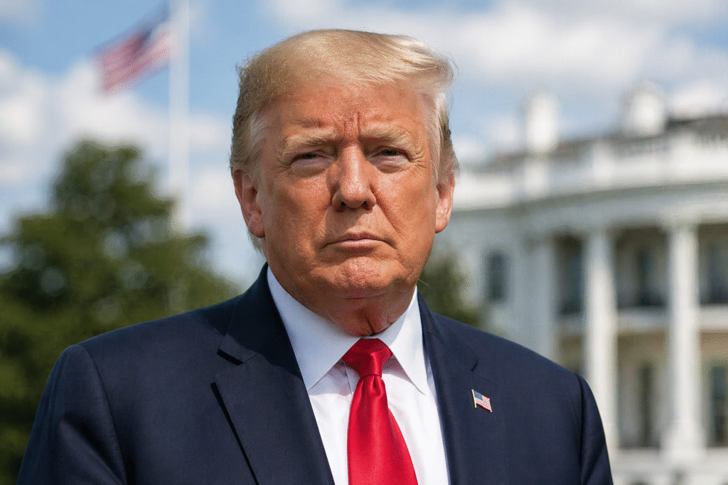 Close-up portrait of Donald Trump outdoors in front of the White House, wearing a dark suit and red tie, with a serious expression and blurred background.