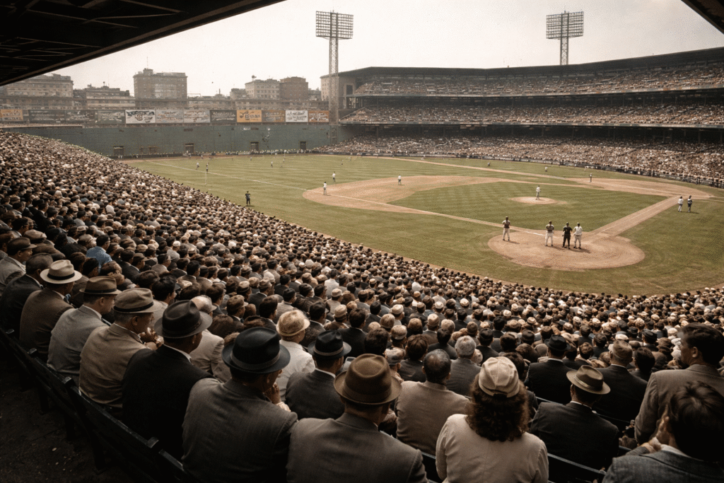 Vintage-style baseball stadium scene resembling 1950s Red Sox Opening Day with seated crowd, classic attire, and traditional field setting.