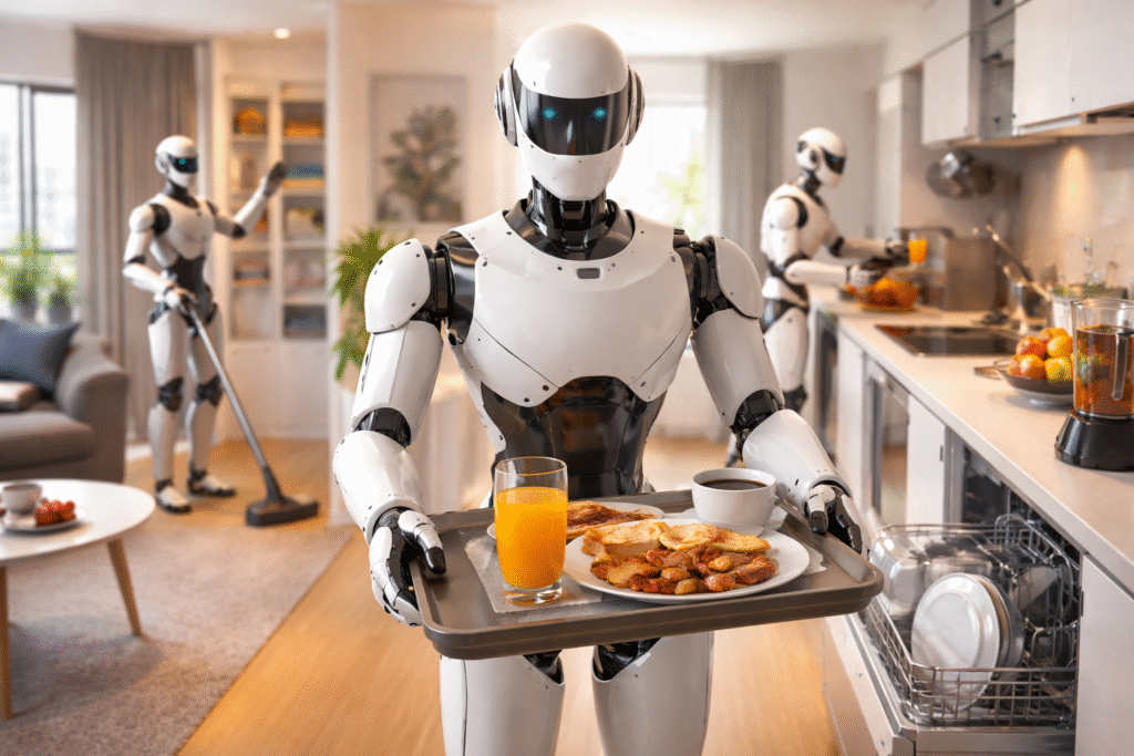 Humanoid robot performing a precise surgical procedure in a modern operating room.