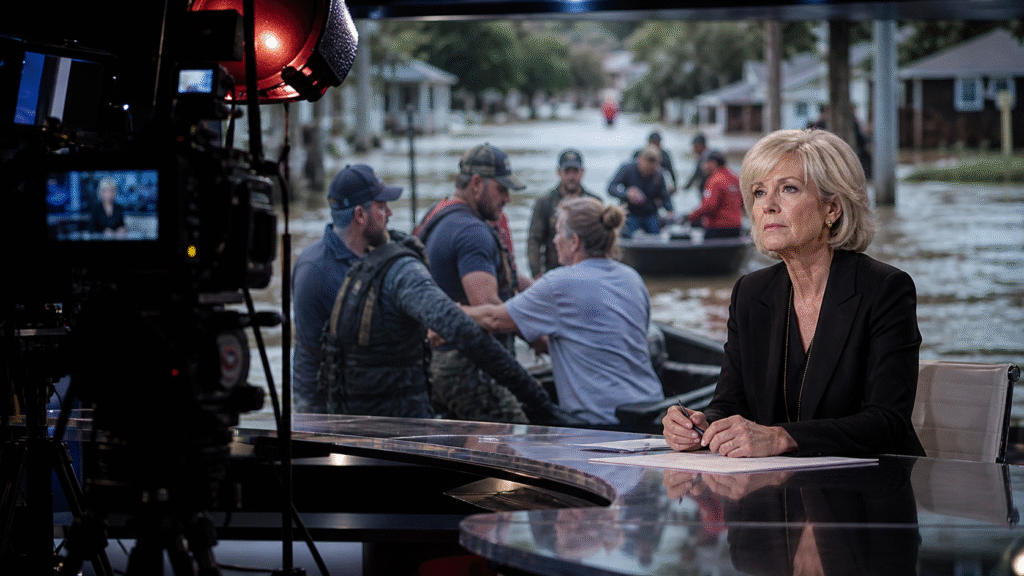 News anchor seated at a studio desk with cameras and lighting visible, while a background screen shows volunteers assisting people in a flooded neighborhood during a disaster rescue operation.