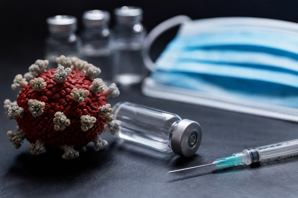 Close-up of a red coronavirus model beside a syringe, vaccine vial, and face mask on a dark surface, representing ongoing COVID-19 investigation and medical response.