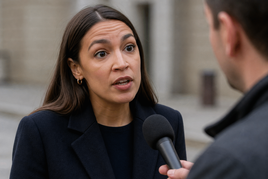 Close-up of Alexandria Ocasio-Cortez speaking during a casual street interview, with a reporter holding a microphone in the foreground and a softly blurred neutral background.