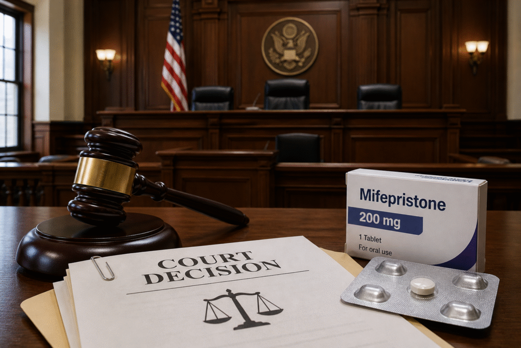 Empty courtroom with judge’s bench and legal documents alongside a neutral depiction of medication pills representing a court ruling on drug policy.