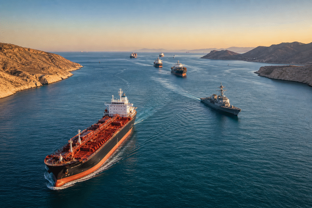 Aerial view of commercial cargo ships navigating a narrow maritime passage with distant naval presence, symbolizing guided transit through a high-risk shipping corridor.