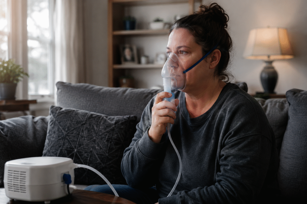 Woman using a nebulizer treatment while seated on a couch at home, illustrating long-term respiratory illness linked to workplace chemical exposure.