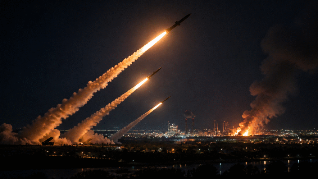 Nighttime scene of multiple cruise missiles launching with bright trails toward a distant industrial facility, where fires and smoke rise from targeted structures.