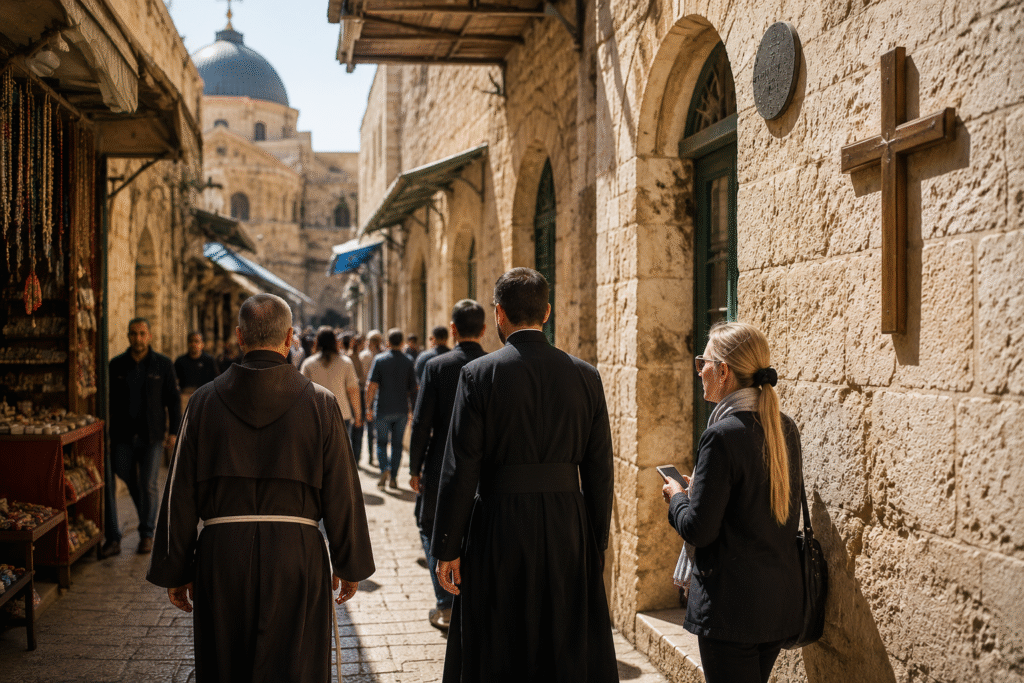 Christian clergy walk through a historic Jerusalem street with visible cross symbols as pedestrians move through a busy market area.