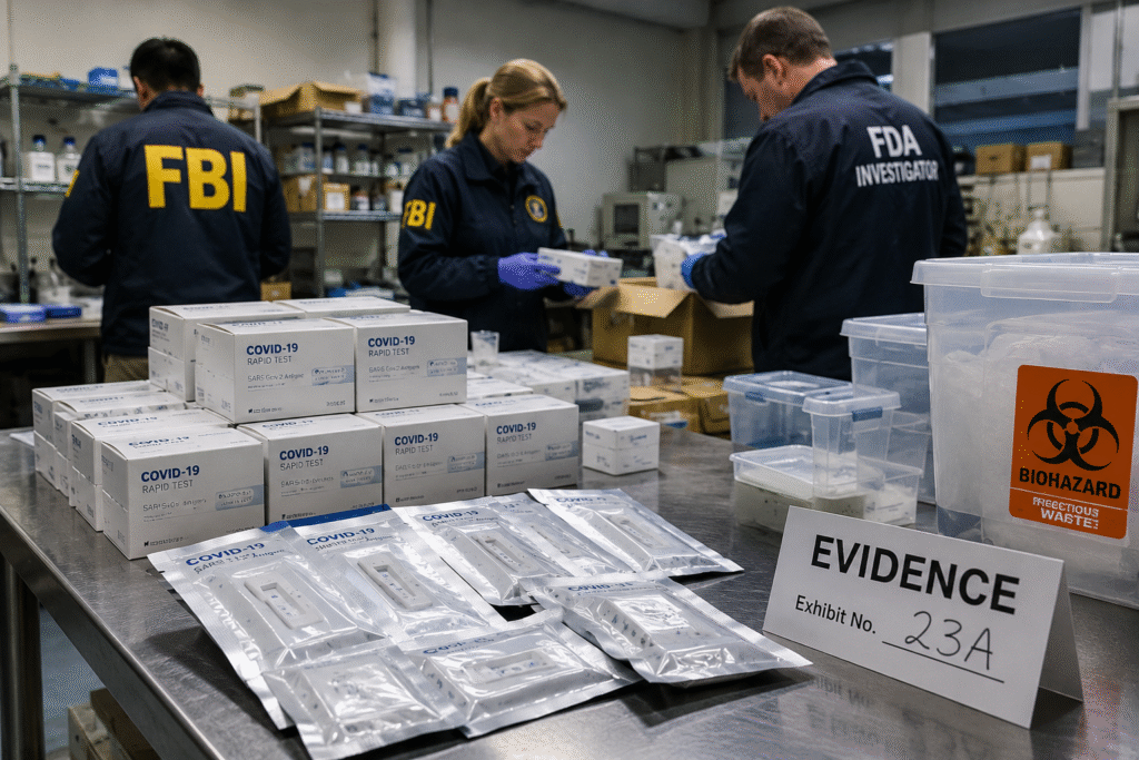 Federal investigators inspect COVID-19 rapid test kits and biohazard containers inside a laboratory tied to a multimillion-dollar fraud investigation.