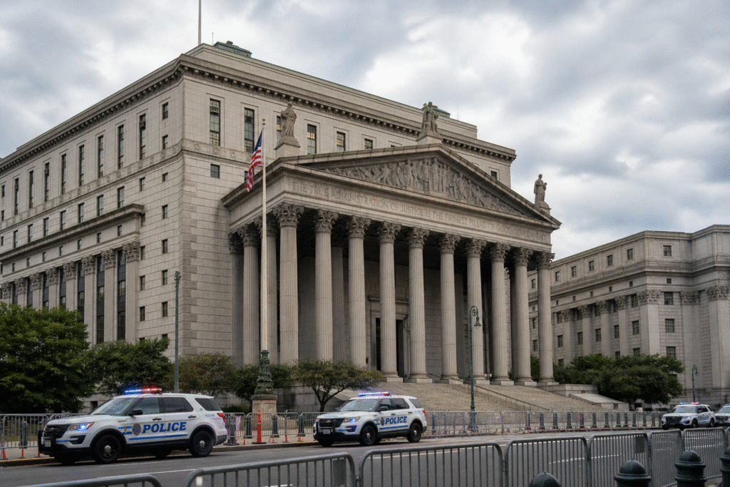 Secure courthouse building in Washington DC with police vehicles and barriers under cloudy skies