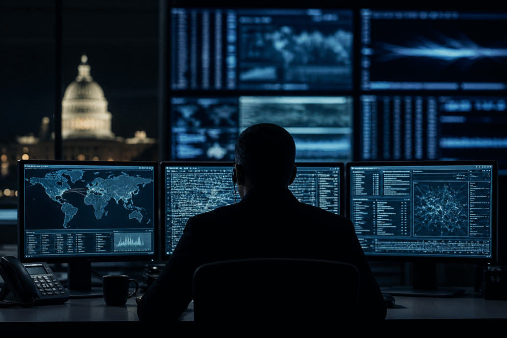 Dimly lit surveillance office with monitors showing data streams and a silhouetted figure analyzing communications