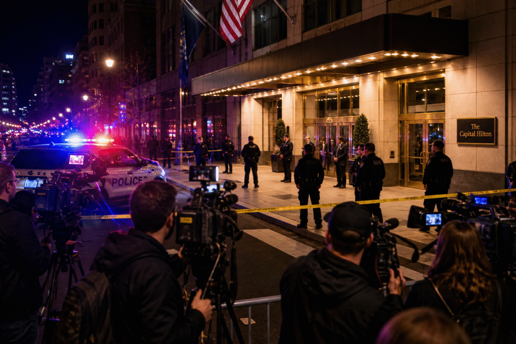 Security personnel and media gathered outside a large event venue at night following an emergency incident.